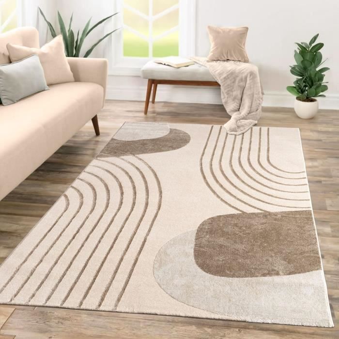 Tapis Rectangle Salon Crème 120x160 Cm - Pile Courte, Doux, Antidérapant, Géométrique Moderne