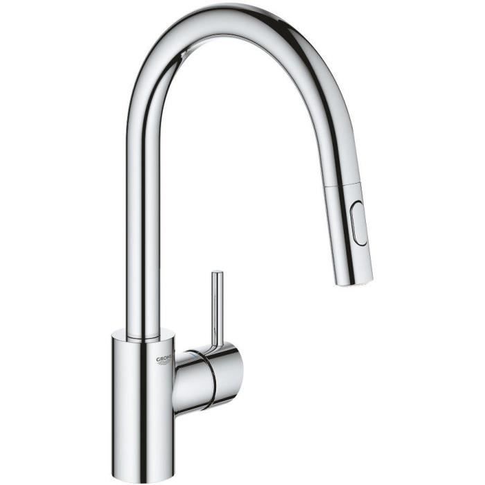 GROHE Mitigeur évier monocommande Concetto 31483002 -Bec tube pivotant -Rotation 360°-Douchette extractible-Limiteur de débit-Chrome