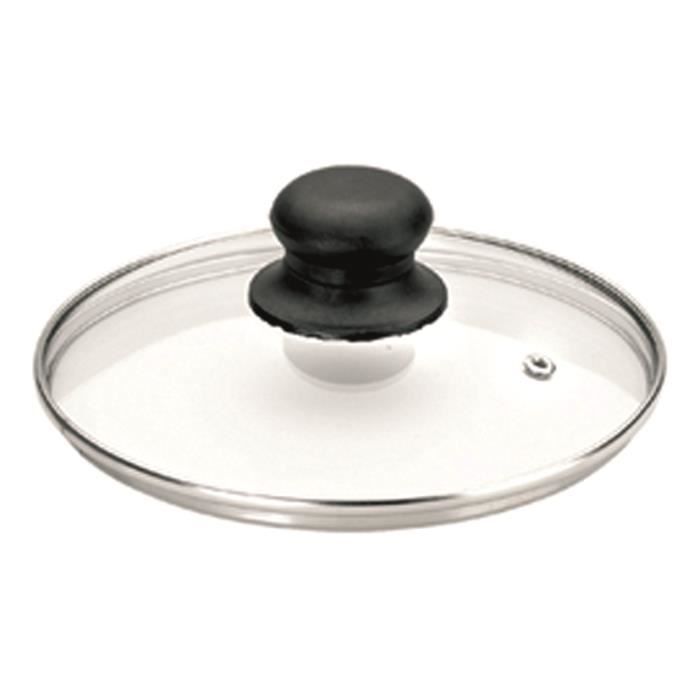 Couvercle verre 24 cm – bord inox bouton bakélite trou anti‑vapeur compatible lave‑vaisselle Couvercle verre 24 cm – bord inox bouton bakélite trou anti‑vapeur compatible lave‑vaisselle