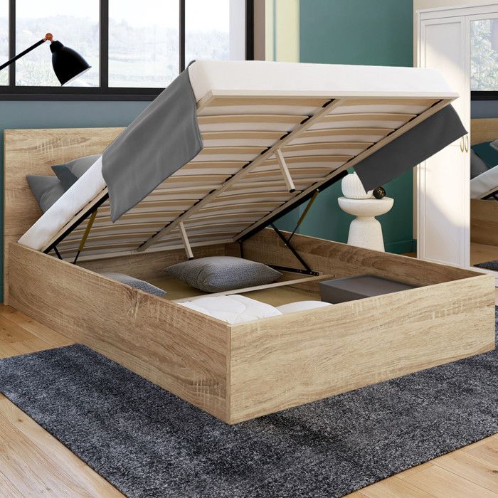 IDMARKET Lit coffre double SEASIDE avec tête de lit et sommier 160 x 200 cm façon hêtre