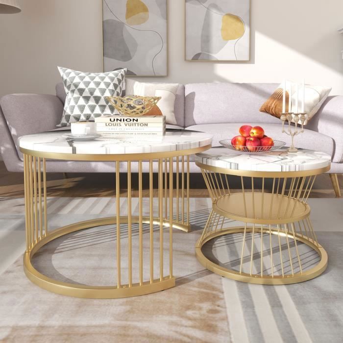 Table basse gigogne lot de 2 en placage de marbre canapé latéral Nid de tables Tables dextrémité rondes cadre de couleur dorée