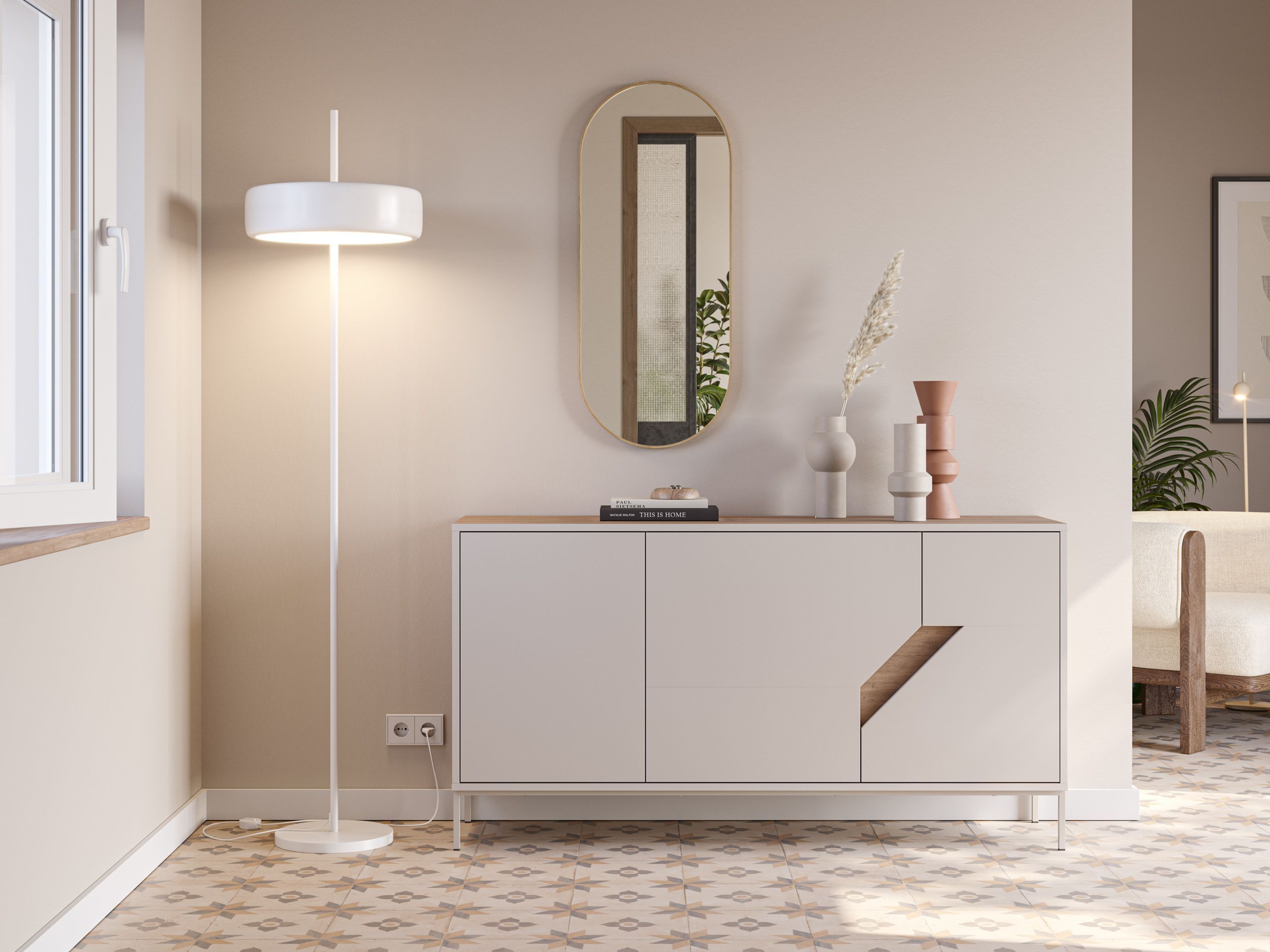 Buffet LILOU - Chêne Artisan & Crème - 3 portes - L150 x P40 x H80 cm