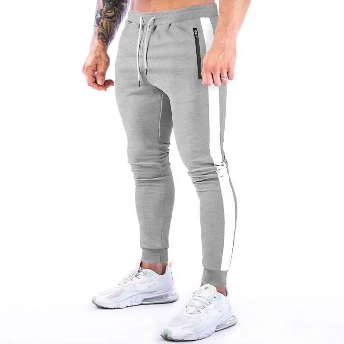 Survêtement Homme - Jogging Pantalon de Sport Coton avec Poche Zippée -  Gris - Fitness Running