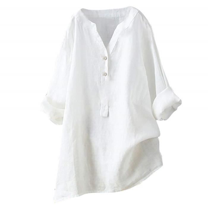 Chemise Femme Coton Lin - Col V Manches Courtes - Tunique Large Respirante - Grande Taille - 6