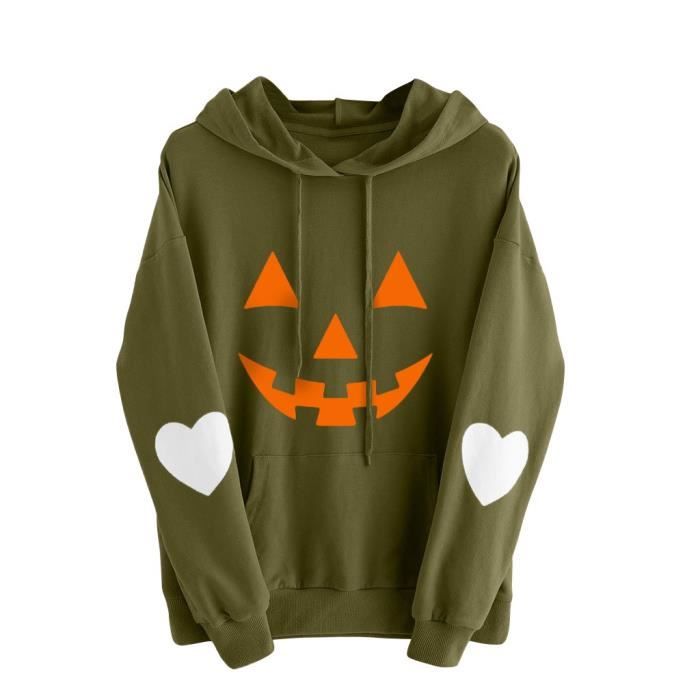 Sweat à Capuche Halloween Femme - Imprimé Citrouille Blanche Et Plantes - Tissu Doux Coton/polyester - Taille S à XXL