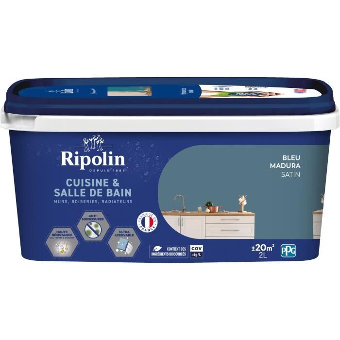 Peinture murs boiseries plafonds radiateurs - RIPOLIN - Cuisine et bain - 2 L - Bleu Madura