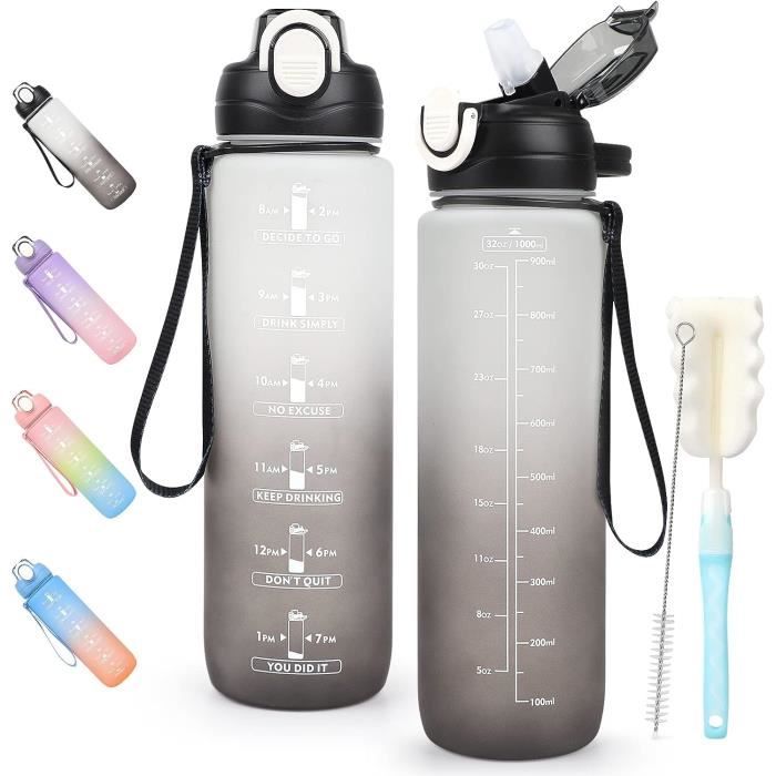 Gourde Sport 1L Avec Paille – Sans BPA, Poignée Et Marqueur Motivation – Rose