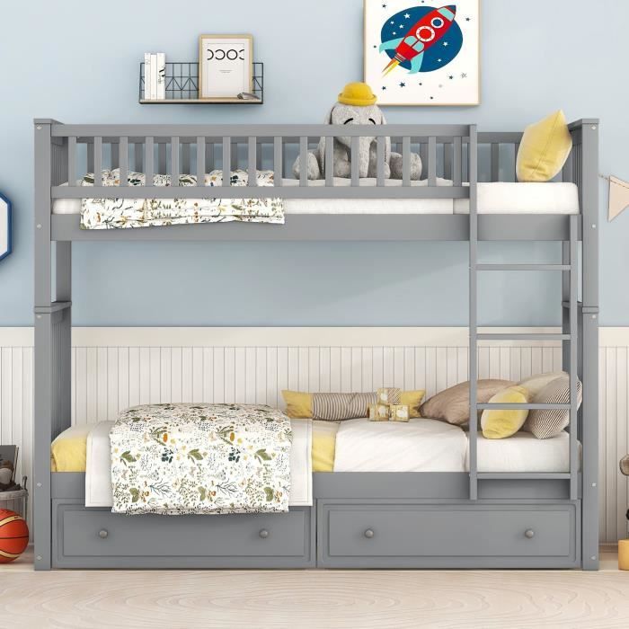 lits superposés fonctionnels 90x200 cm, lits pour enfants, lits convertibles avec tiroirs, gris