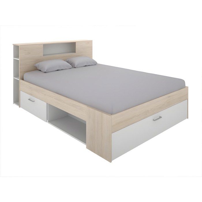 Lit avec tête de lit rangements et tiroirs - 160 x 200 cm - Coloris : Naturel et blanc - LEANDRE Lit avec tête de lit rangements et tiroirs - 160 x 200 cm - Coloris : Naturel et blanc - LEANDRE