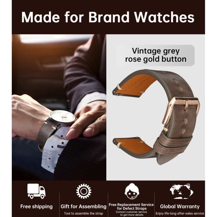 AITIHYA Bracelet De Montre En Cuir Véritable 8-22mm - Boucle Acier Inoxydable - Confortable Et Élégant