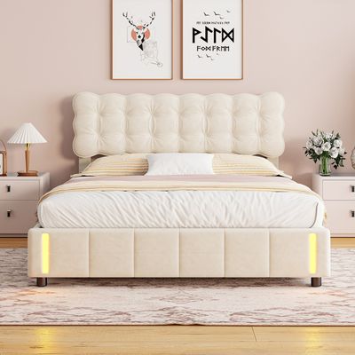 Lit Coffre Double 140x190 Avec LED Et Multiprise - Tête De Lit Capitonnée, Rangement Sous Sommier - Lin Gris Ou Blanc - 2