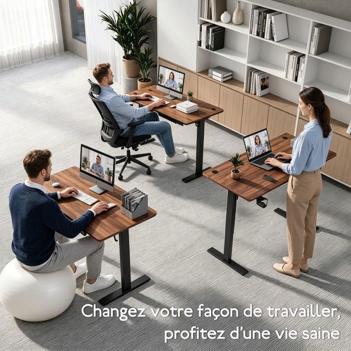 Bureau Assis-debout électrique SIRHONA 160x60 Cm - Hauteur Réglable 70-115 Cm, 3 Mémoires, Système Anti-collision - Planche Noyer Foncé, Structure Acier