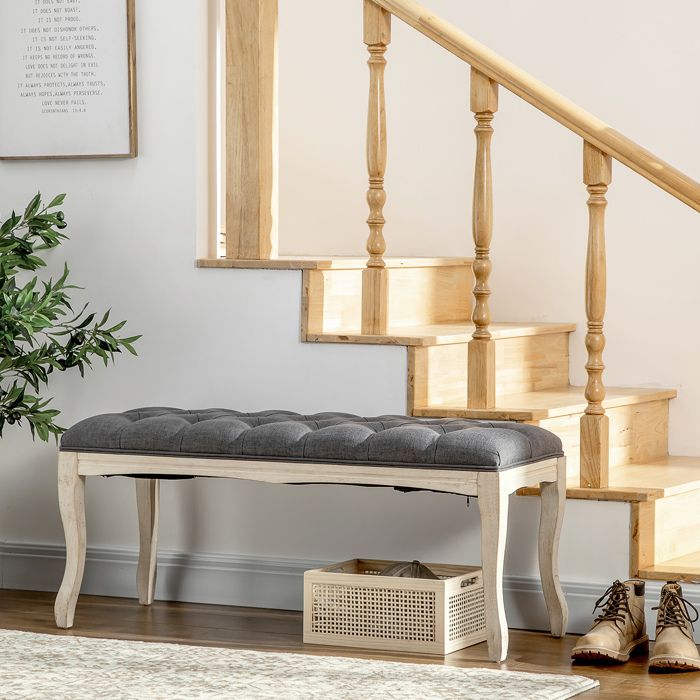 Banc Bout De Lit Capitonné Style Vintage | Crème 117x40x48cm | Rembourrage Épais Et Pieds En Bois Massif
