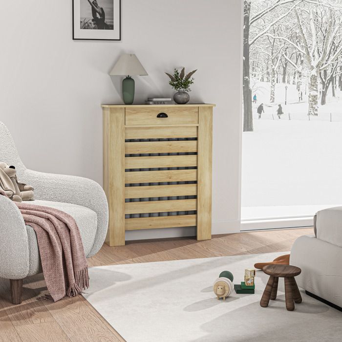 Moderne Houten Radiatorafdekking met Horizontale Latten en Plank
