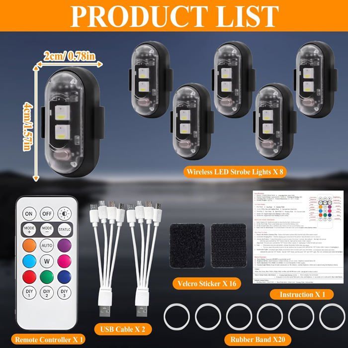 Kit LED Sans Fil Pour Voiture - 8 Couleurs, 9 Modes Strobe - Étanche IP65 - Télécommande - Autonomie 60h - Pour Voiture, Moto, Drone