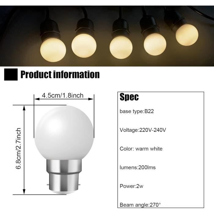 Ampoules Baïonnette B22 - Paquet De 10 Ampoule Led Feston 2 W (Équivalent  20W), Ampoule Écoénergétique Écoénergétique Colorée[J5302] - Cdiscount  Maison