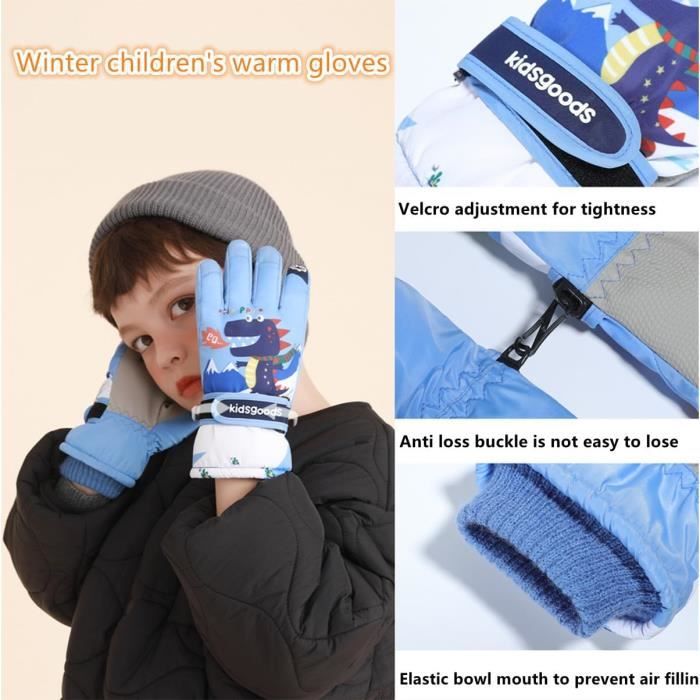 Gants de Ski Enfant Moufles de Ski Fille Garçon Chaud Étanches Protègent du  Vent avec Doublure en Polaire Gants de 6 à 12 Ans(Bleu)