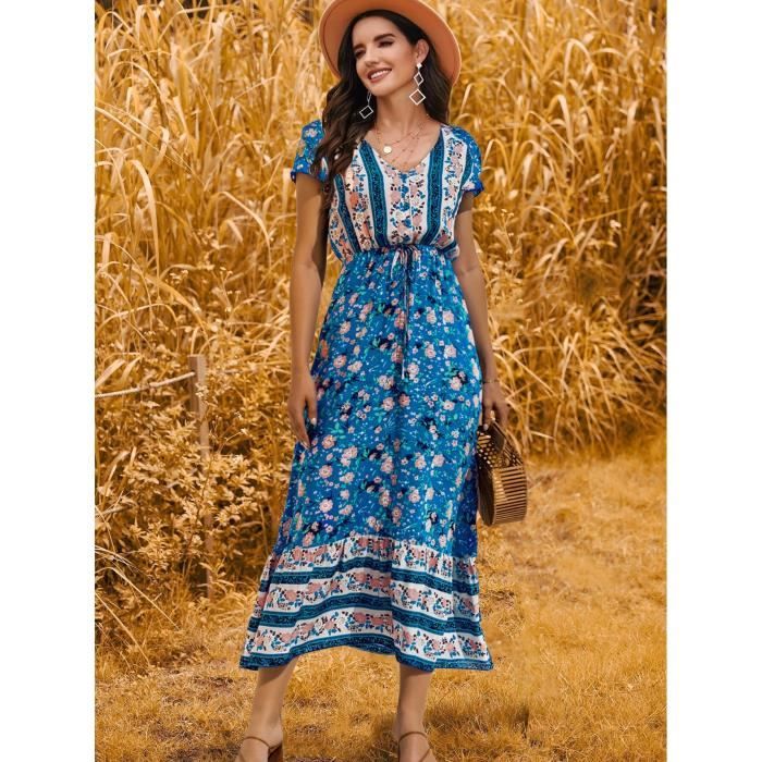 Robe Bohème Imprimée Droite Manches Courtes