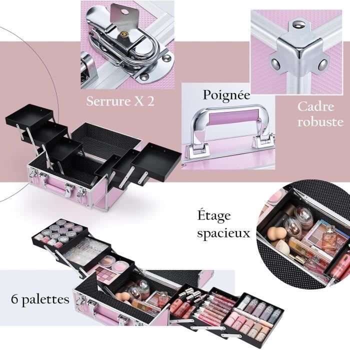 Trousse Maquillage Voyage Professionnelle - Mallette Organisatrice Avec Miroir - Rose