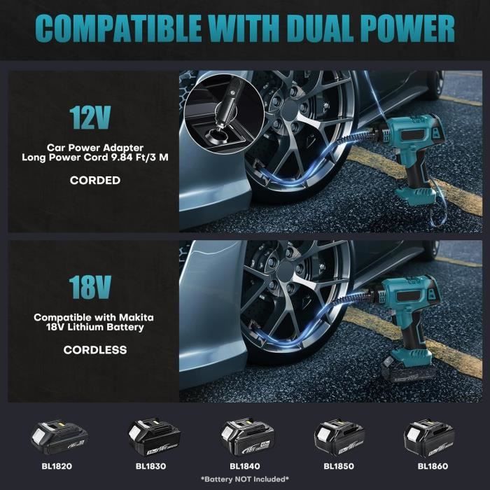 Compresseur Voiture Sans Fil Batterie Makita 18V 160PSI – Arrêt Auto, Lampe LED (sans Batterie)