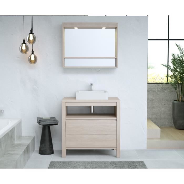 Salle de bain complète L 80 cm 1 tiroir + Miroir - Décor chêne blanchis - Vasque non incluse - LUNA