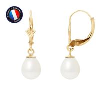 PERLINEA - Boucles d'Oreilles Dormeuses - Véritables Perles de Culture d'Eau Douce Poires 7-8 mm Blanc Naturel - Or Jaune - Bijoux