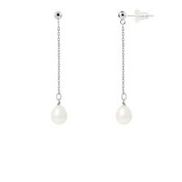 PERLINEA - Boucles d'Oreilles - Véritables Perles de Culture d'Eau Douce Poires 7-8 mm Blanc Naturel - Or Blanc - Bijoux Femme