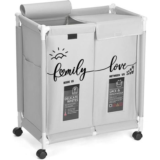 Panier à Linge Avec Couvercle Bambou - 2x50L - Roulettes Et Crochets - Blanc Et Noir - Pour Salle De Bain