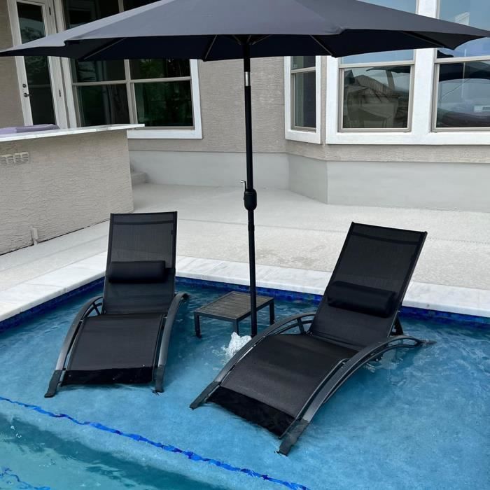 PURPLE LEAF Transat Jardin Avec Table - 2 Chaises Longues Aluminium - Dossier 5 Positions - Textilène Bleu