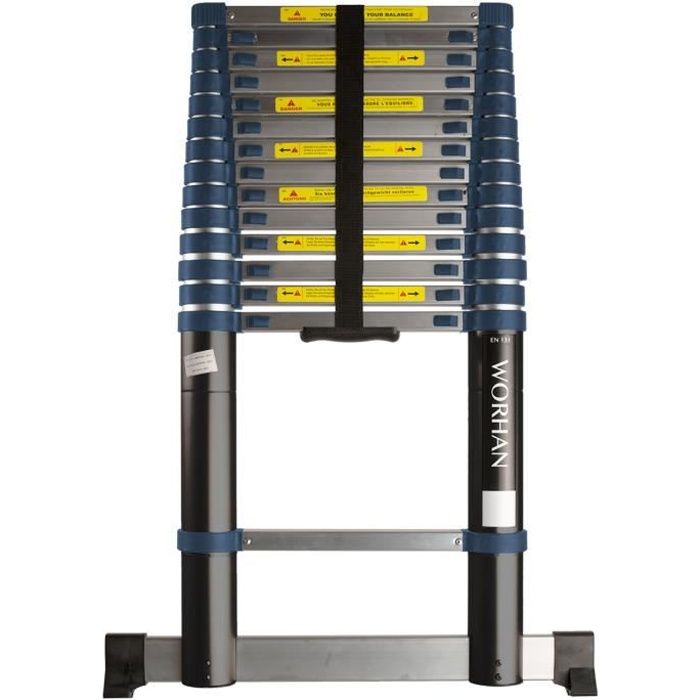 WORHAN® Echelle 4.4m Télescopique PRO Aluminium Anodisé Solide Extensible Avec une Barre Stabilisatrice 440cm 1K4.4