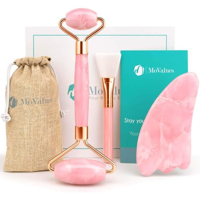 Rouleau de Jade Authentique et Gua Sha - Rouleau Jade Visage : 100% Naturel Quartz Rose - Jade Roller, Masseur de visage, Roller Vis