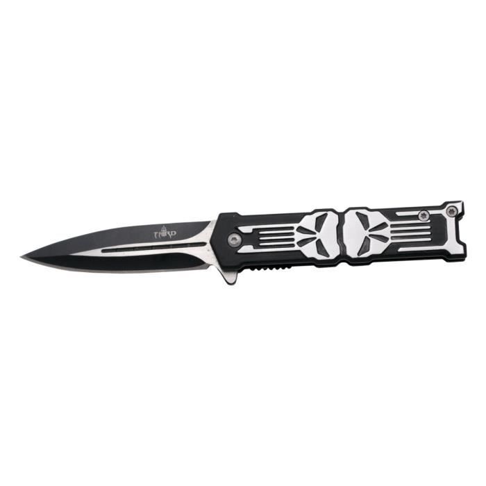 Couteau avec Third K0813, manche en aluminium noir avec des crânes plaqués argent, lame inox 7.1 cm en noir et satiné. Clip.
