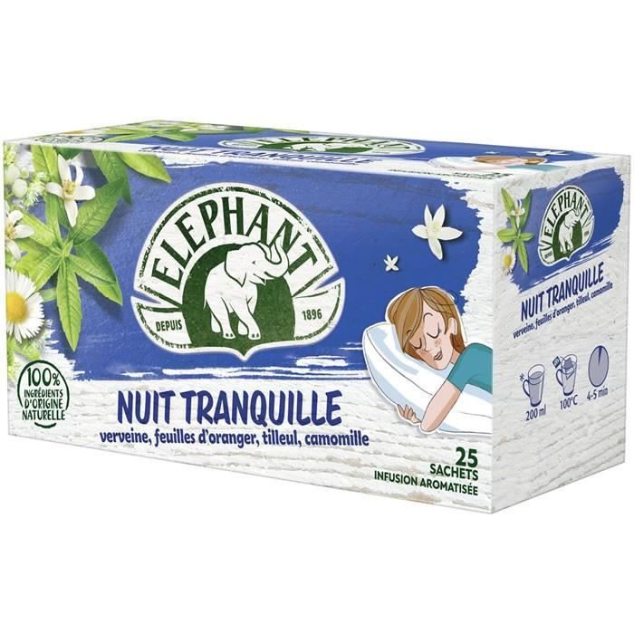 LOT DE 4 - ELEPHANT Infusion nuit tranquille Verveine Feuilles d'oranger Tilleul Camomille 25 Sachets