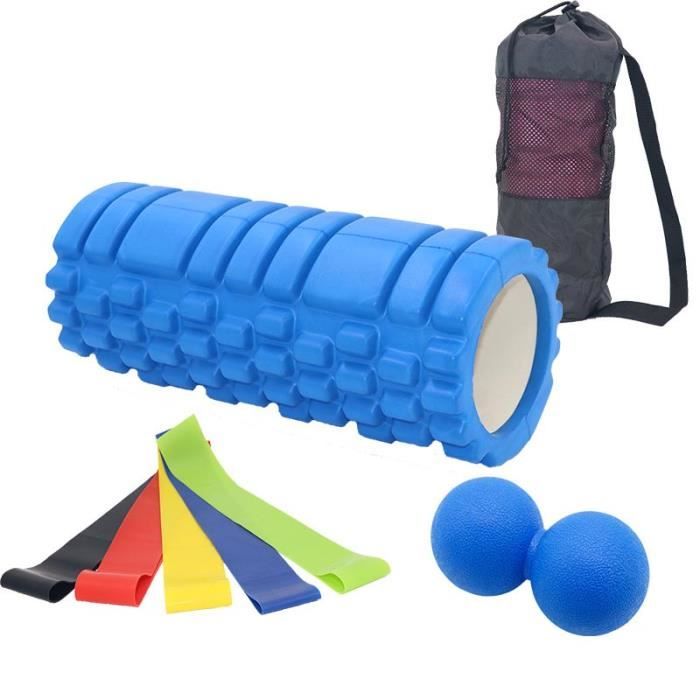 Kit de Rouleau Massage Fitness 4 en 1 Portatif Rouleau Massage+Bande Élastique+Fascia Ball+Sac de Rangement