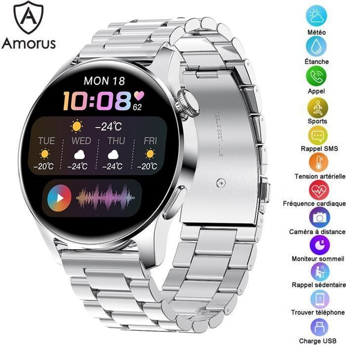 Montre Connectée Homme Femme pour Android iOS, Montre Bracelet HD IPS Sport Surveillance De Santé Ronde Bracelet Intelligent,agrent