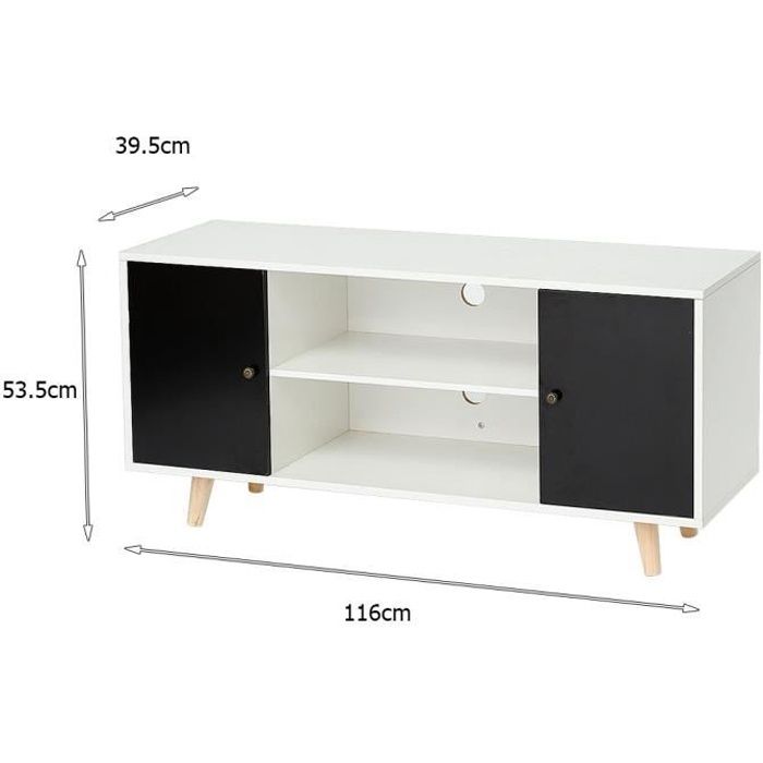 Meuble Télévision Meuble TV Bas avec Portes et Étagères pieds en bois gris foncé et blanc - L 116 cm x l 39,5 x h 53,5 cm