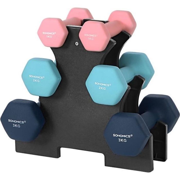 SONGMICS Set d’haltères, 3 paires, 2x1 kg 2x2 kg 2x3 kg, Support de rangement offert, Revêtement en néoprène antiglisse SYL612MK