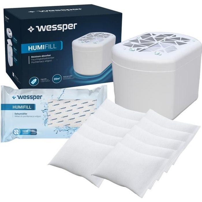 Wessper Déshumidificateur d'air pour la Maison, absorbeur d'humidité et Anti odeurs pour pièces de 20 m², Inclus 10 sachets de 250g