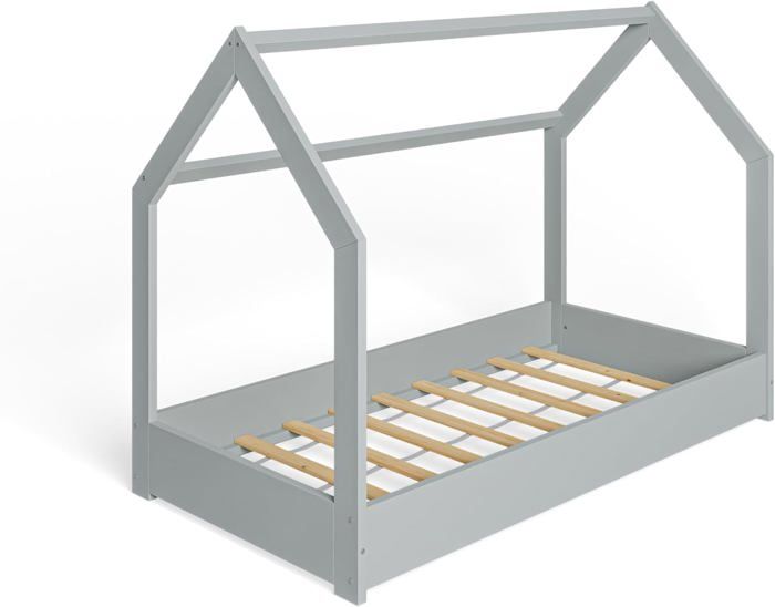 MS FACTORY Lit Enfant Bébé Maison 80x160 cm - Lit en Bois Massif Cabane - Style Scandinave - Gris