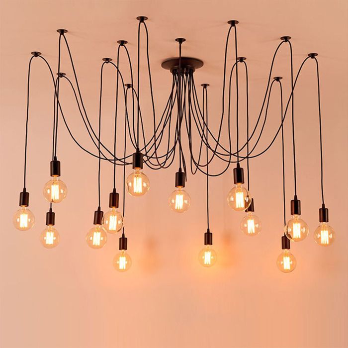 SNOGOLD Lustre Suspension Araignee Rétro Industriel 14 Lumières E27 Luminaire pour Salon Chambre DIY Corde 2m Ajustable Noir