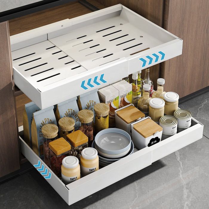 Tiroir Coulissant Télescopique Pour Placard De Cuisine – Extensible De 32 à 52 Cm, Profondeur 42 Cm – Installation Adhésive Sans Perçage – Acier, Couleur Noir