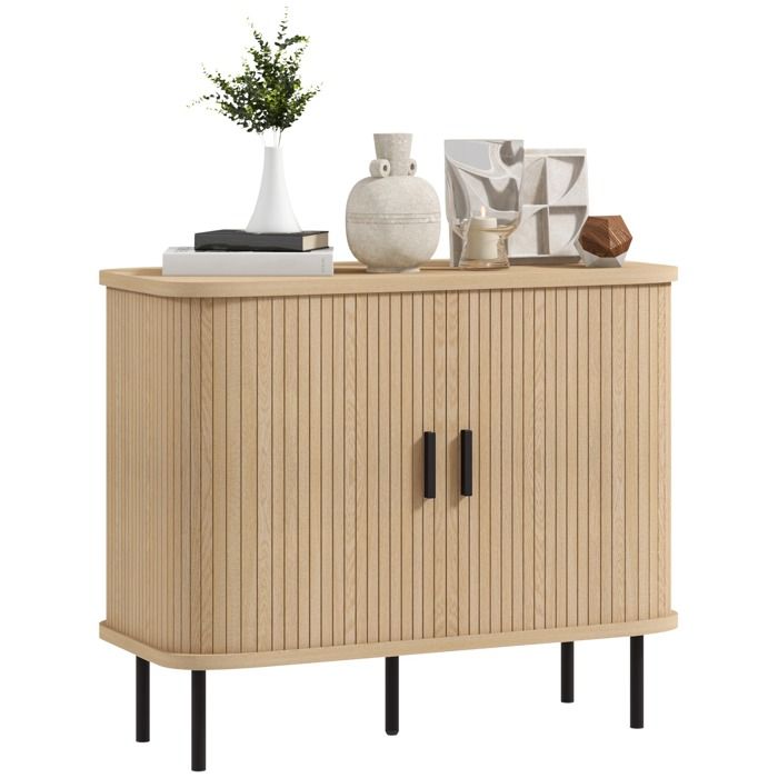 Buffet HOMCOM meuble de rangement avec portes coulissantes à lattes armoire de cuisine avec pieds en acier ton chêne