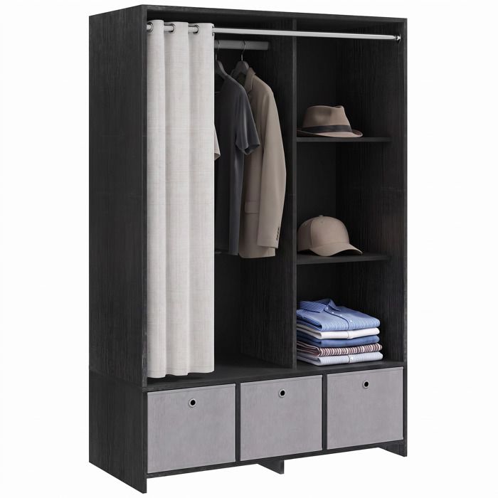 Armoire penderie HOMCOM armoire de rangement avec tringle rideaux 3 niches et 3 tiroirs en tissu amovibles 105 x 48 x 160 cm noir Armoire penderie HOMCOM armoire de rangement avec tringle rideaux 3 niches et 3 tiroirs en tissu amovibles 105 x 48 x 160 cm noir