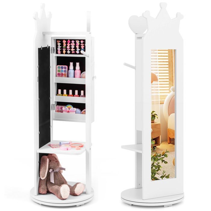COSTWAY Armoire à Bijoux Enfants Base Pivotante Miroir sur Pied Grande Capacité de Rangement Support à Vêtements Crochets