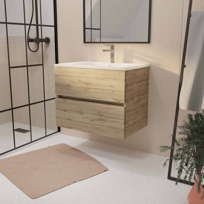 Meuble de salle de bains suspendu 70 cm TIMBER - Décor Chêne Naturel 2 tiroirs avec Vasque blanche Meuble de salle de bains suspendu 70 cm TIMBER - Décor Chêne Naturel 2 tiroirs avec Vasque blanche