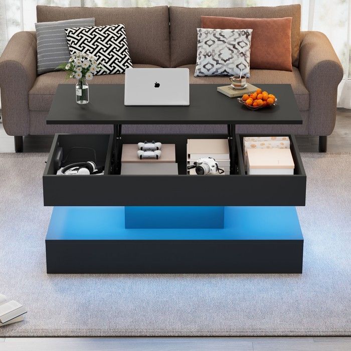 Table Basse Relevable 100x50x45 Cm Avec LED Et Rangement Caché