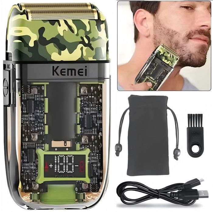 Rasoir électrique pour homme rechargeable par USB lames en titane transparent (camouflage)