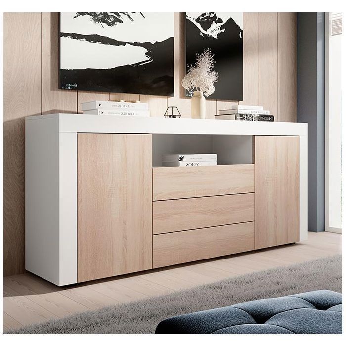 Buffet enfilade - DESIGN AMEUBLEMENT - YANIS 160 cm - 2 portes & 3 tiroirs - Blanc Mat & Chêne Sonoma - Push-to-Open Buffet enfilade - DESIGN AMEUBLEMENT - YANIS 160 cm - 2 portes & 3 tiroirs - Blanc Mat & Chêne Sonoma - Push-to-Open