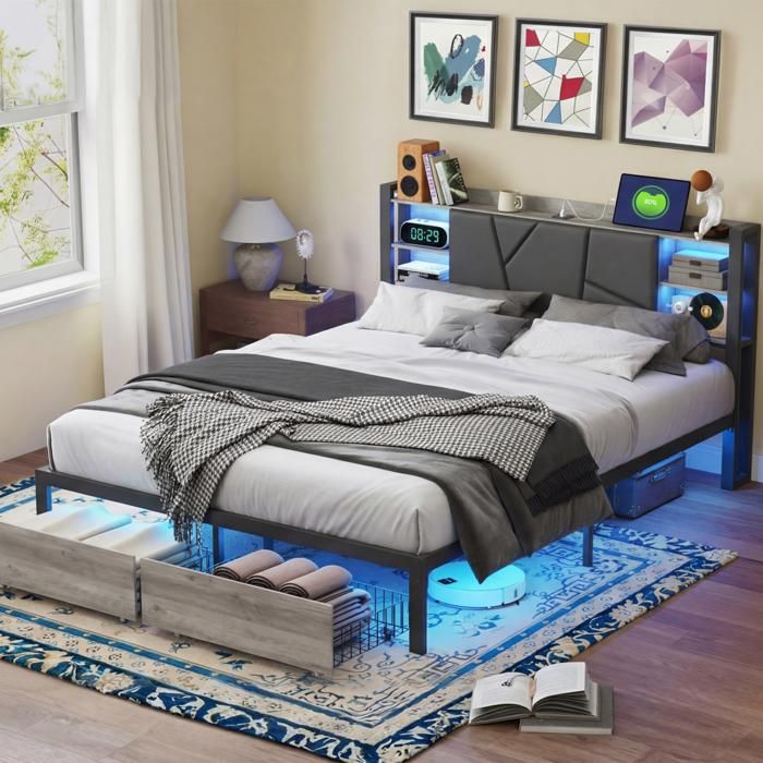 Lit Double 160x200cm avec sommier métal et bois Tête de lit avec rangement et USB avec LED Forme rembourrée avec 2 Tiroirs Noir