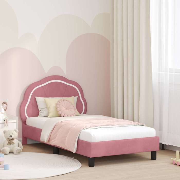 Lit enfant avec tête de lit - UU - 80x160 cm - Rose - Velours - Bois dingénierie - 168x935x85 cm